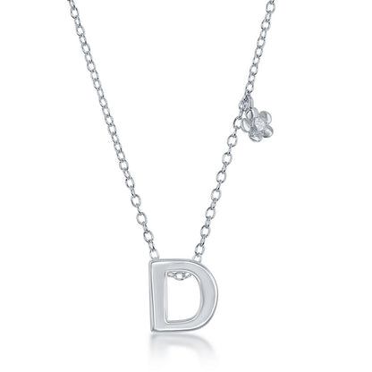 Sterling Silver Shiny "D" with Tiny CZ Flower Necklace and Earrings Set