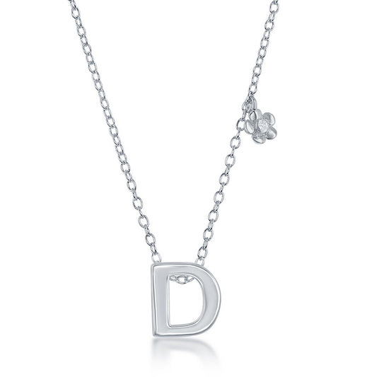 Sterling Silver Shiny "D" with Tiny CZ Flower Necklace and Earrings Set