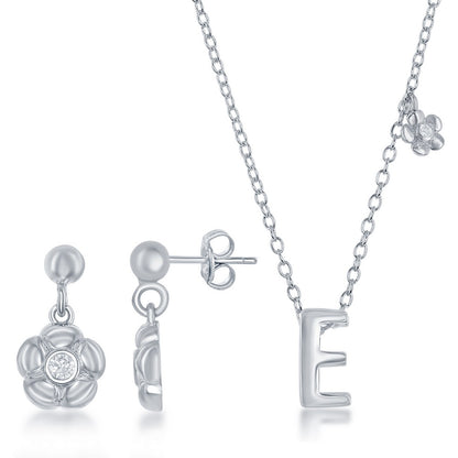 Sterling Silver Shiny "E" with Tiny CZ Flower Necklace and Earrings Set