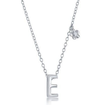 Sterling Silver Shiny "E" with Tiny CZ Flower Necklace and Earrings Set