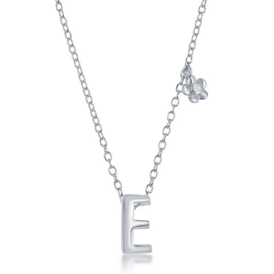 Sterling Silver Shiny "E" with Tiny CZ Flower Necklace and Earrings Set