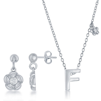 Sterling Silver Shiny "F" with Tiny CZ Flower Necklace and Earrings Set