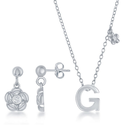 Sterling Silver Shiny "G" with Tiny CZ Flower Necklace and Earrings Set