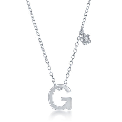 Sterling Silver Shiny "G" with Tiny CZ Flower Necklace and Earrings Set