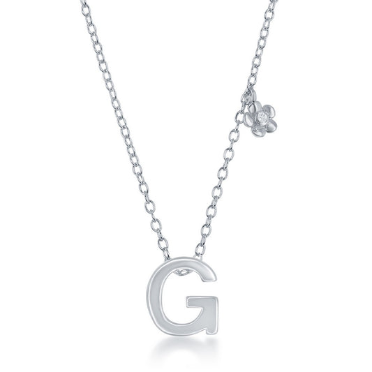 Sterling Silver Shiny "G" with Tiny CZ Flower Necklace and Earrings Set