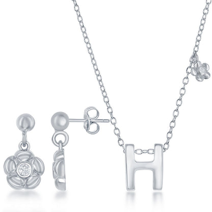 Sterling Silver Shiny "H" with Tiny CZ Flower Necklace and Earrings Set