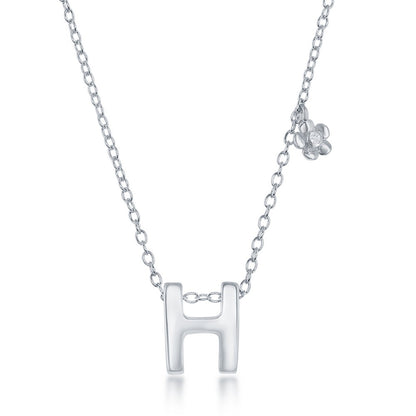 Sterling Silver Shiny "H" with Tiny CZ Flower Necklace and Earrings Set