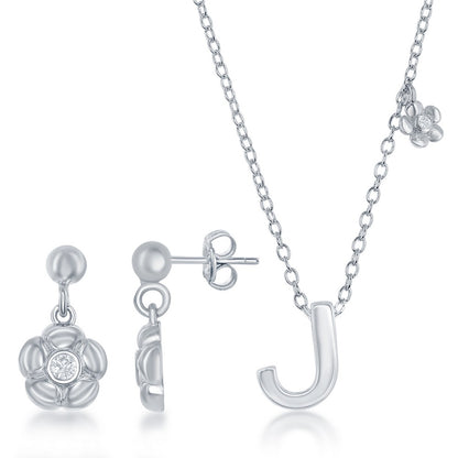 Sterling Silver Shiny "J" with Tiny CZ Flower Necklace and Earrings Set