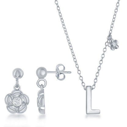 Sterling Silver Shiny "L" with Tiny CZ Flower Necklace and Earrings Set