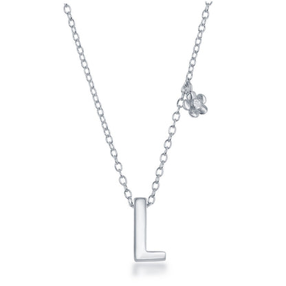 Sterling Silver Shiny "L" with Tiny CZ Flower Necklace and Earrings Set