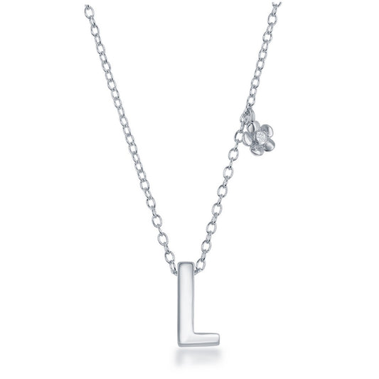 Sterling Silver Shiny "L" with Tiny CZ Flower Necklace and Earrings Set
