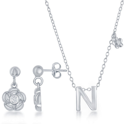 Sterling Silver Shiny "N" with Tiny CZ Flower Necklace and Earrings Set