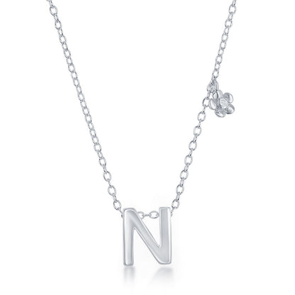 Sterling Silver Shiny "N" with Tiny CZ Flower Necklace and Earrings Set