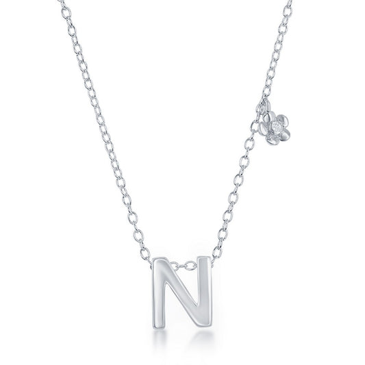Sterling Silver Shiny "N" with Tiny CZ Flower Necklace and Earrings Set