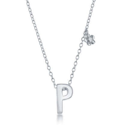 Sterling Silver Shiny "P" with Tiny CZ Flower Necklace and Earrings Set