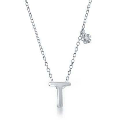 Sterling Silver Shiny "T" with Tiny CZ Flower Necklace and Earrings Set
