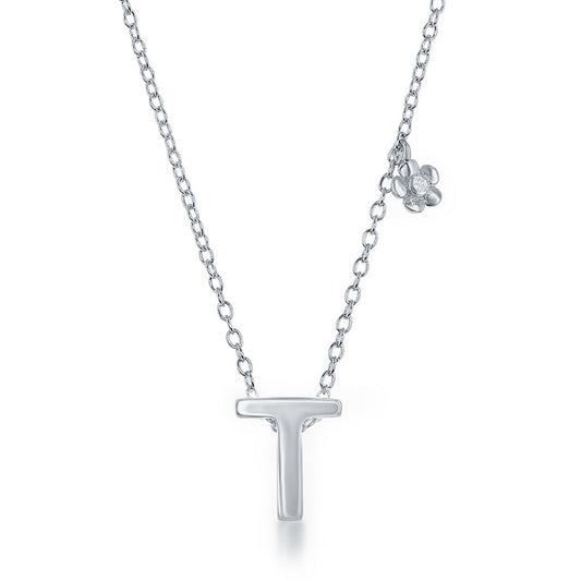 Sterling Silver Shiny "T" with Tiny CZ Flower Necklace and Earrings Set