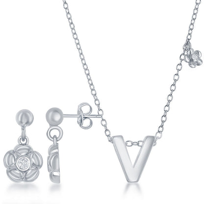 Sterling Silver Shiny "V" with Tiny CZ Flower Necklace and Earrings Set