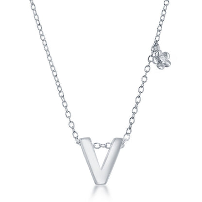 Sterling Silver Shiny "V" with Tiny CZ Flower Necklace and Earrings Set