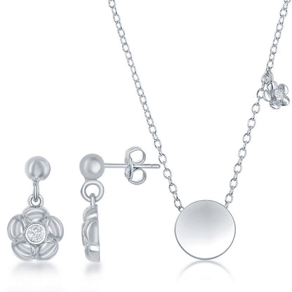 Sterling Silver Shiny Circle with Tiny CZ Flower Necklace and Earrings Set