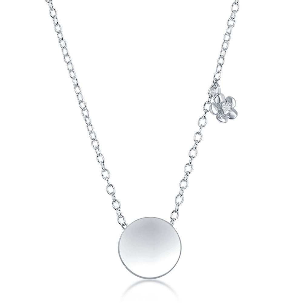 Sterling Silver Shiny Circle with Tiny CZ Flower Necklace and Earrings Set