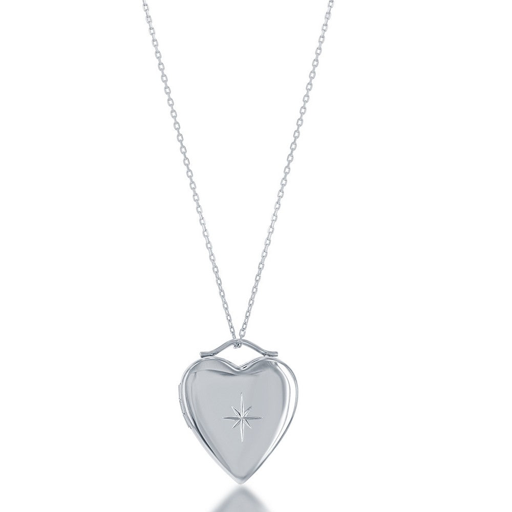 Sterling Silver, Diamond-Cut Star Heart Locket w/Chain