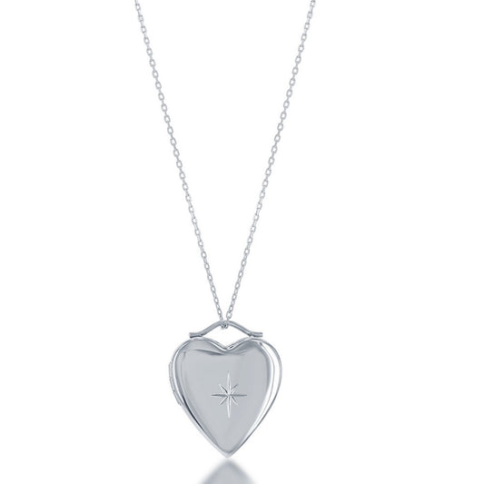 Sterling Silver, Diamond-Cut Star Heart Locket w/Chain