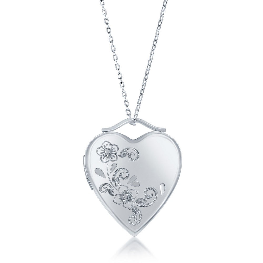 Sterling Silver, Floral Design Heart Locket w/Chain