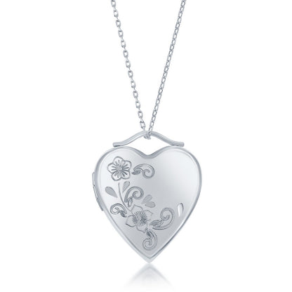 Sterling Silver, Floral Design Heart Locket w/Chain