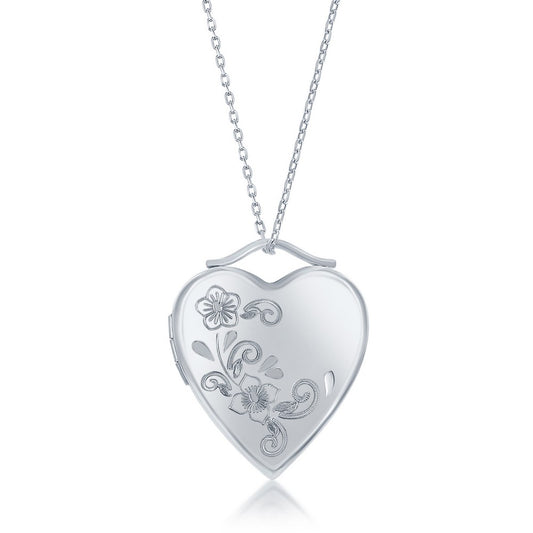 Sterling Silver, Floral Design Heart Locket w/Chain