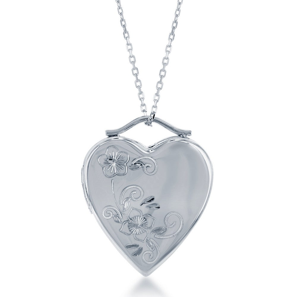 Sterling Silver, Floral Design Heart Locket w/Chain