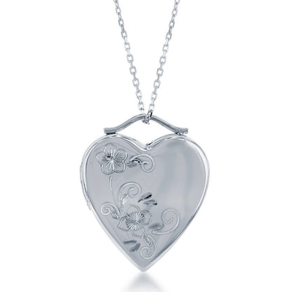Sterling Silver, Floral Design Heart Locket w/Chain