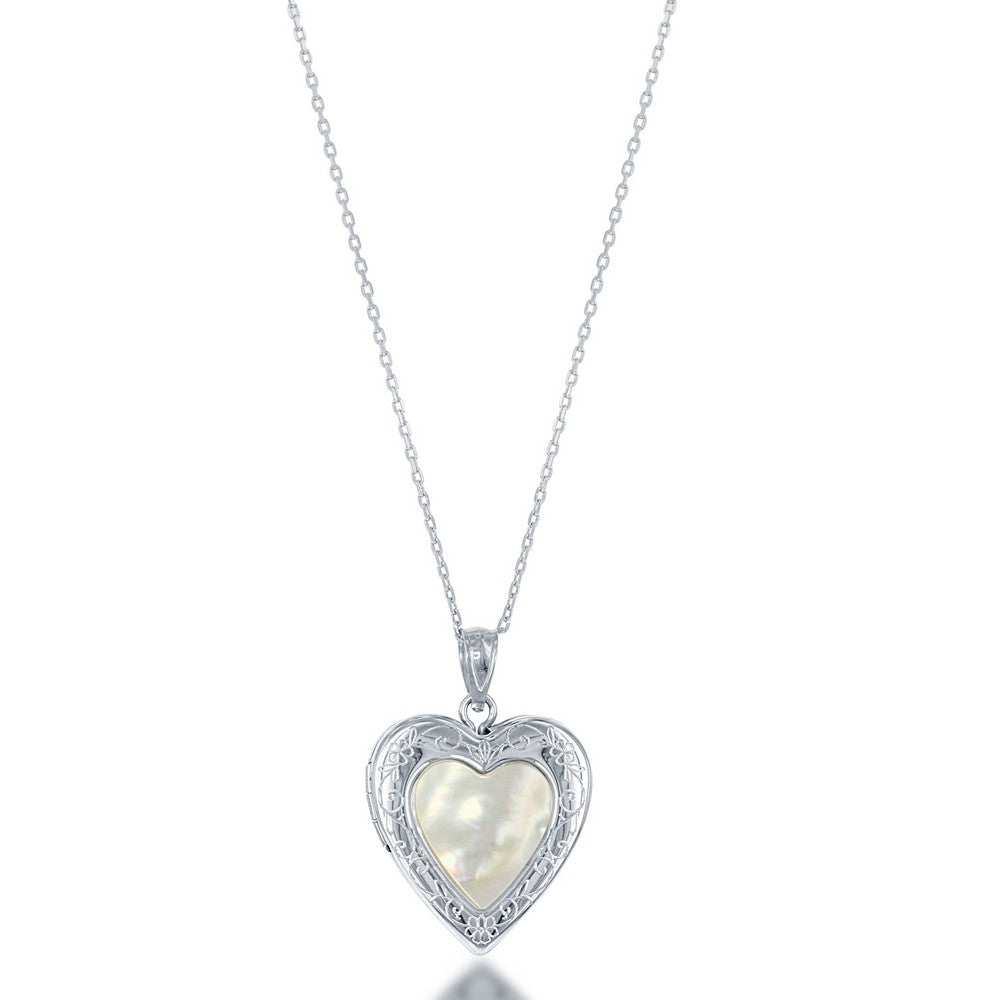 Sterling Silver, Mother of Pearl Center Heart Locket W/chain