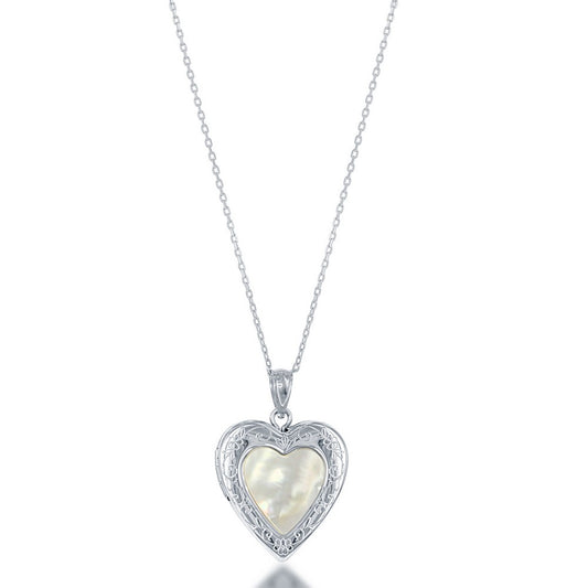 Sterling Silver, Mother of Pearl Center Heart Locket W/chain