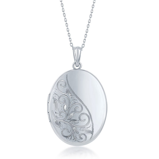 Sterling Silver, Oval Half Designed Half Shiny Locket W/chain