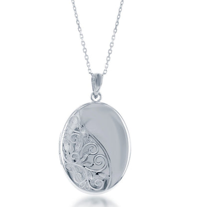 Sterling Silver, Oval Half Designed Half Shiny Locket W/chain