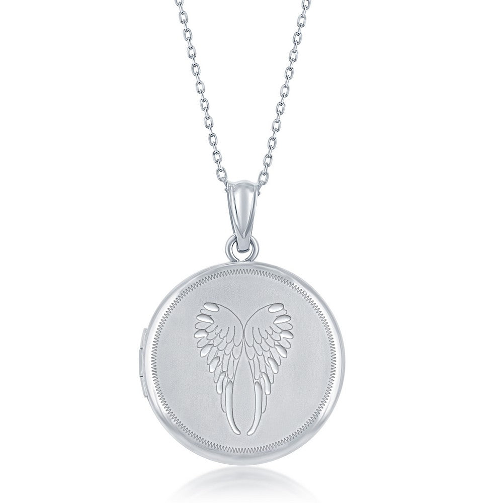 Sterling Silver, Matte Angel Wings Round Locket w/Chain