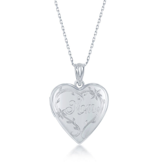 Sterling Silver Polished Designed 'Mom' Heart Locket W/chain