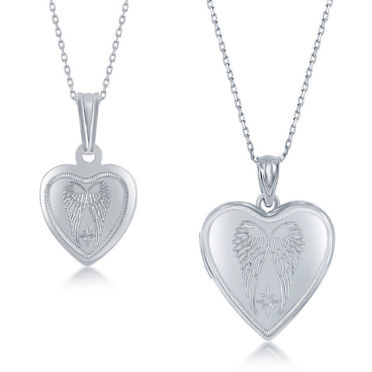 Sterling Silver 2PC Mother & Daughter Set, Heart Pendant + Locket - Angel Wings