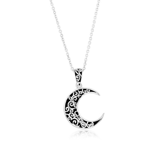 Sterling Silver, Oxidized Crescent Moon Filigree Design Pendant w/Chain