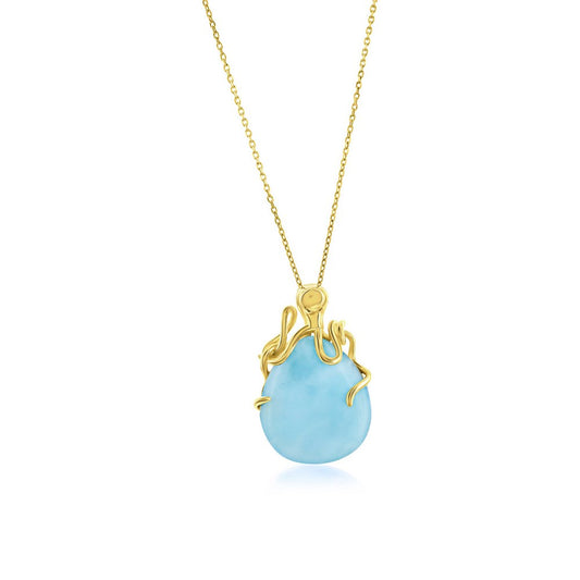 Sterling Silver, Pear-Shaped 'Premium Larimar' Octopus Pendant - Gold Plated