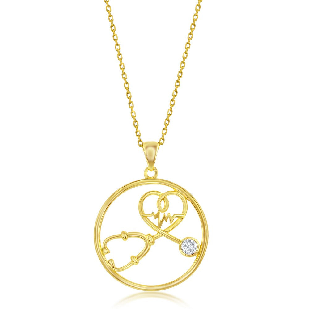 Sterling Silver, CZ Stethoscope Heartbeat Pendant - Gold Plated