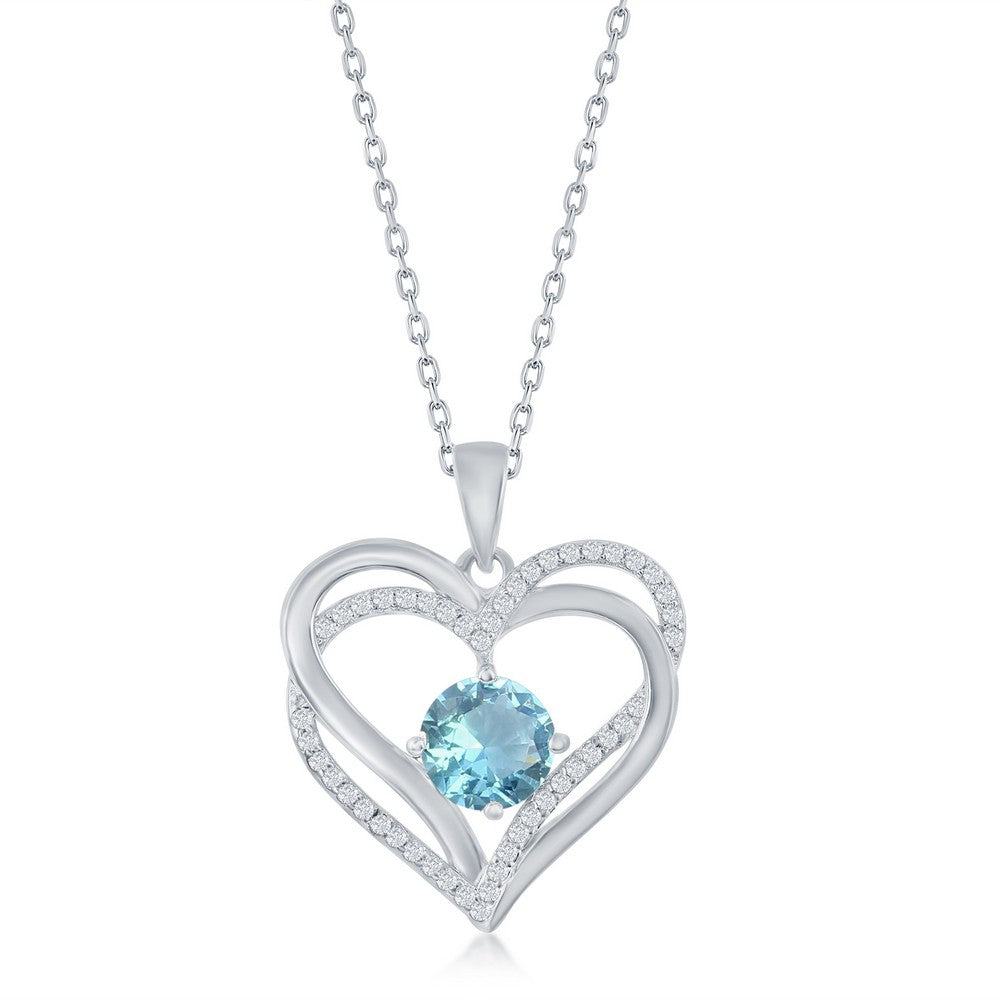 Sterling Silver, Double Heart "March" Birthstone CZ Pendant w/Chain - Aqua CZ