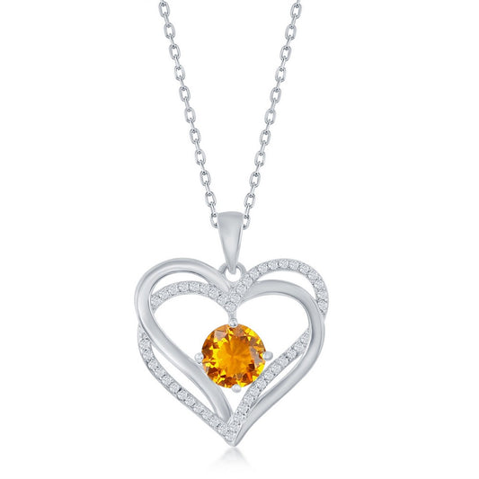 Sterling Silver, Double Heart "November" Birthstone CZ Pendant w/Chain - Citrine CZ