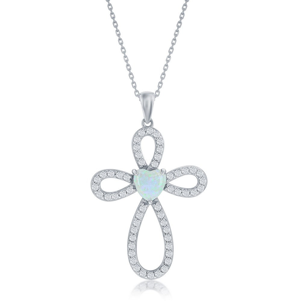 Sterling Silver, White Opal & CZ Cross Pendant