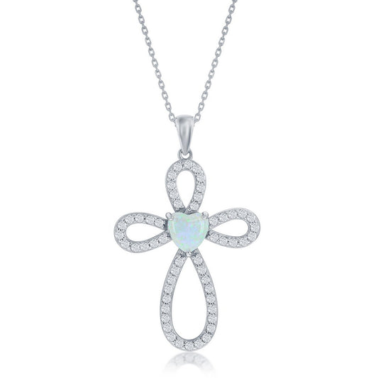 Sterling Silver, White Opal & CZ Cross Pendant