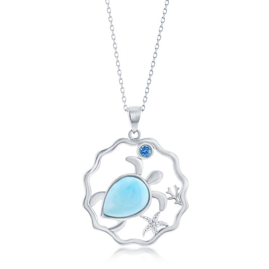 Sterling Silver, Larimar Turtle & Small Blue CZ Pendant