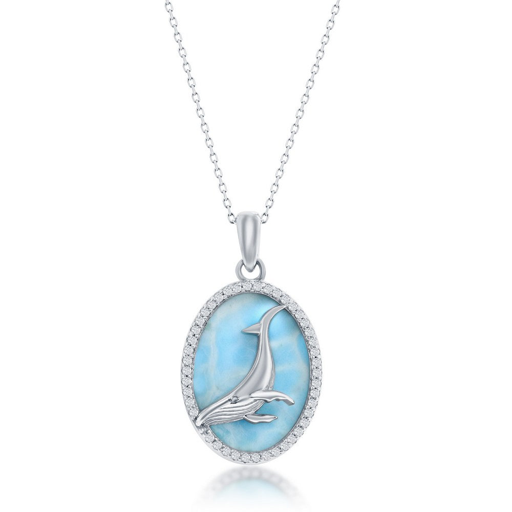 Sterling Silver, Larimar w/Center Whale and CZ Outline Oval Pendant