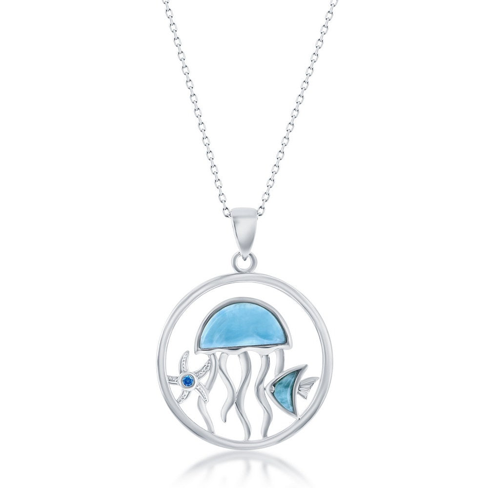 Sterling Silver, Larimar Jellyfish, Fish & Blue CZ Starfish Pendant