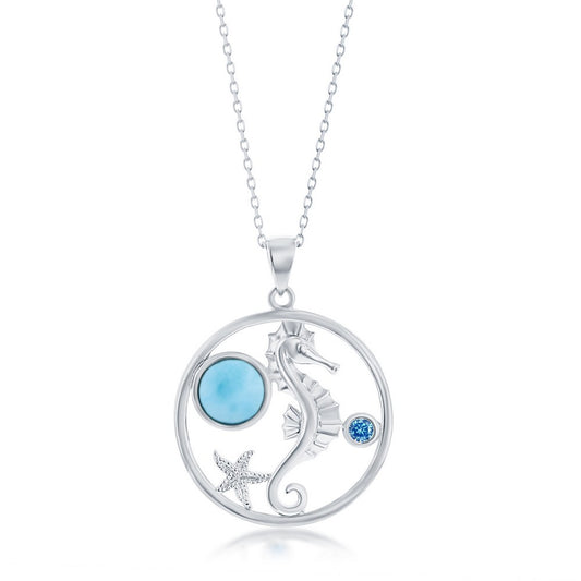 Sterling Silver, Seahorse, Round Larimar & Blue CZ Pendant